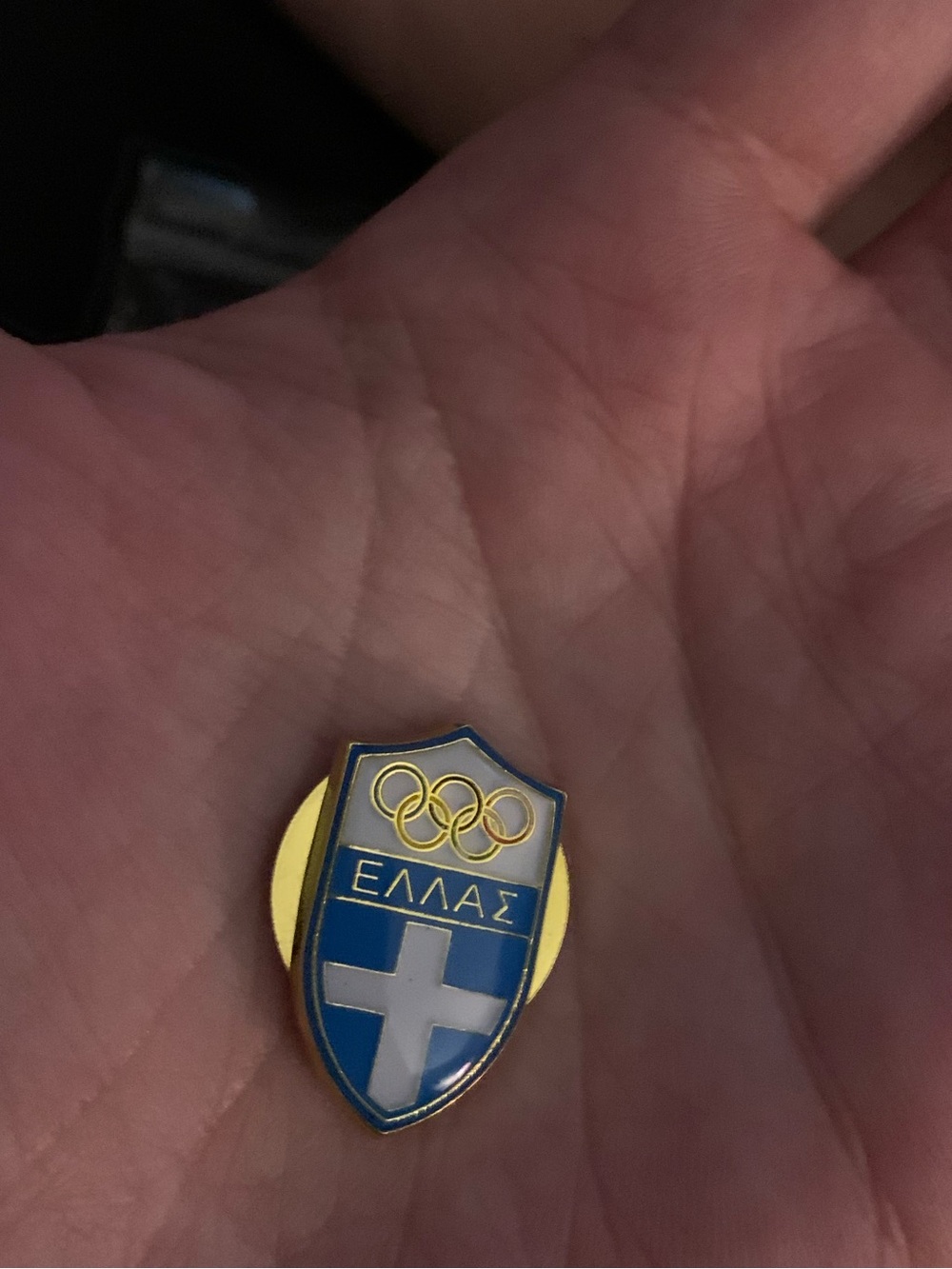 Greece Olympic Shield Pin - Blue & White with Gold Accents